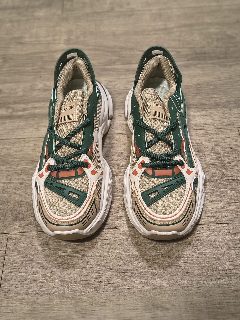 Men's Fashion Sneakers in Beige and Green with Coral Accents